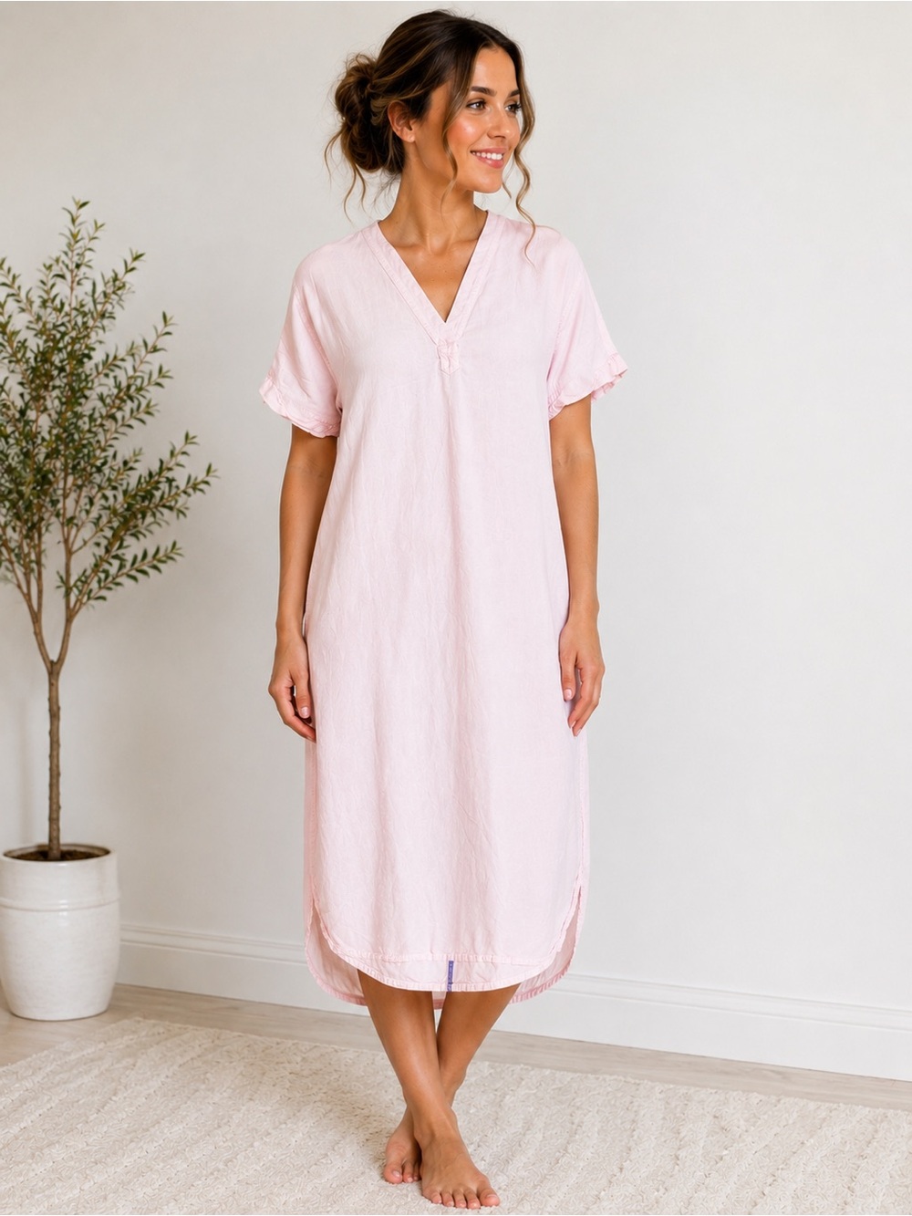 Sundry Linen Blend  Midi Caftan Dress 0